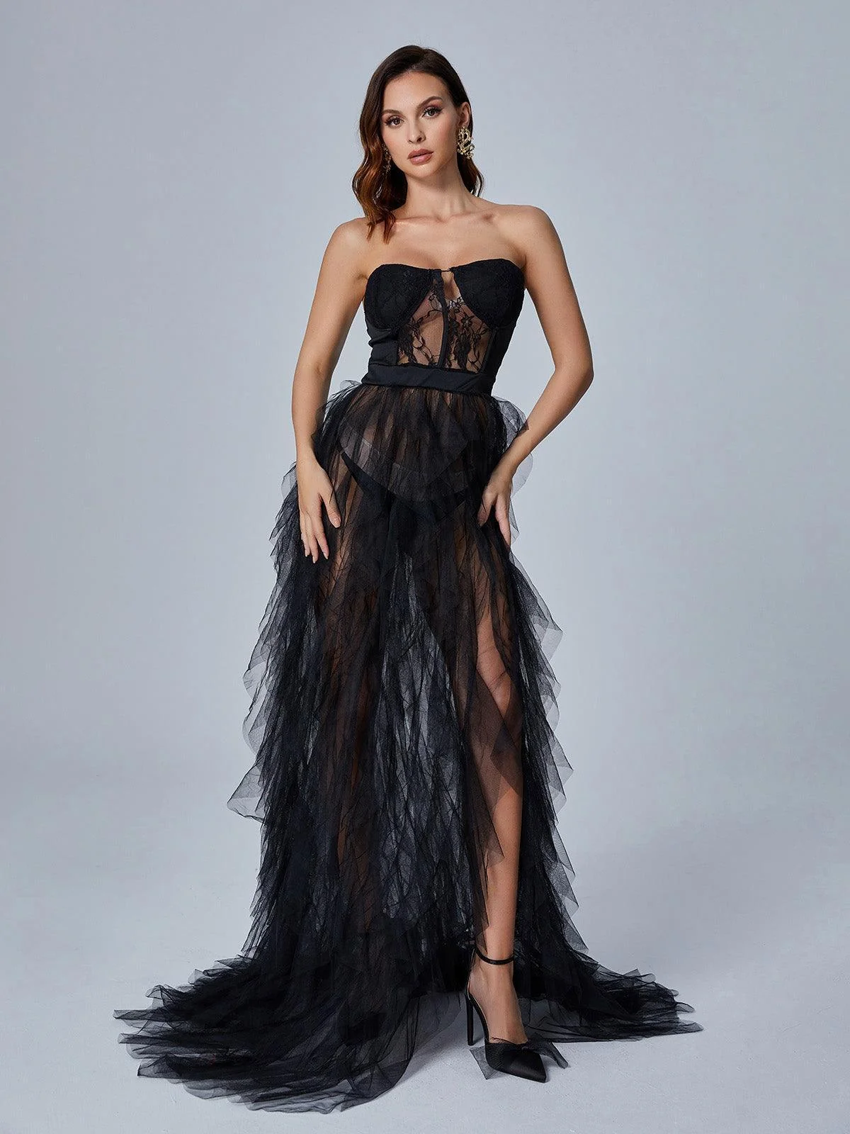Black Tiered Tulle Maxi Dress - Elegant Prom Gown