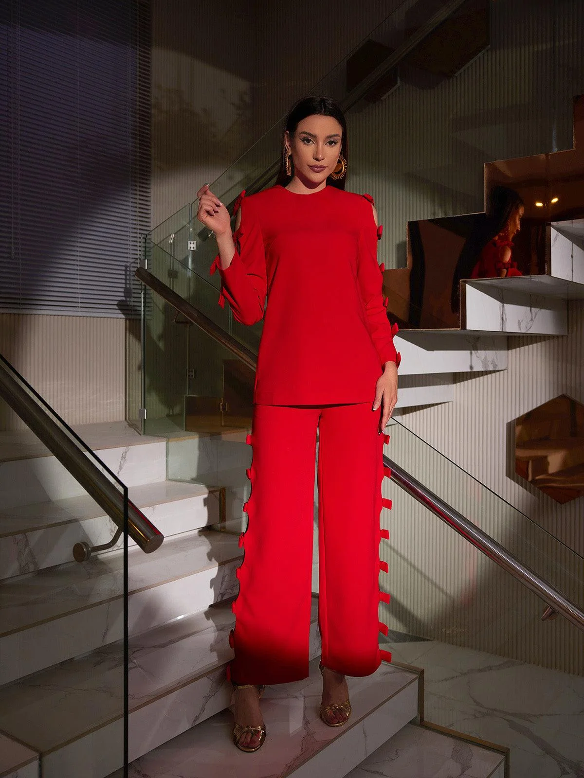 Red Bow Long Sleeve Pants Set - Stylish Clearance Outfit