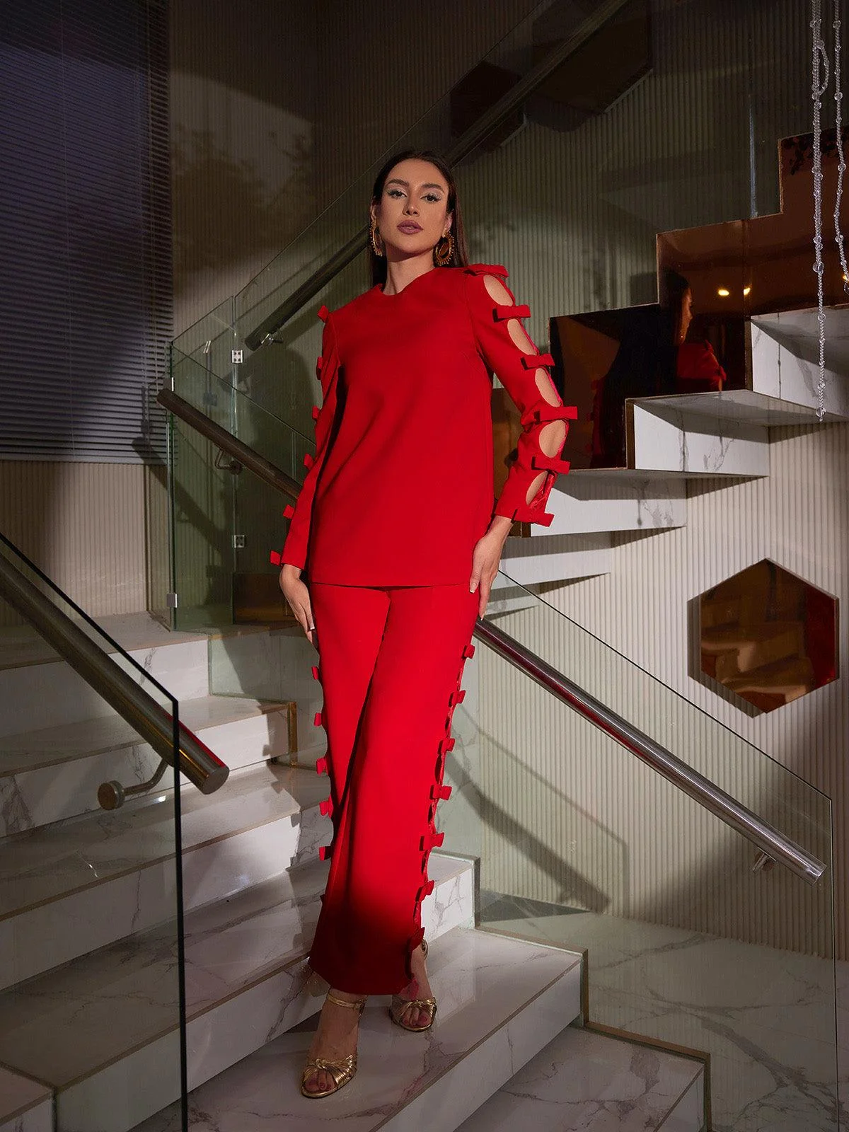 Red Bow Long Sleeve Pants Set - Stylish Clearance Outfit