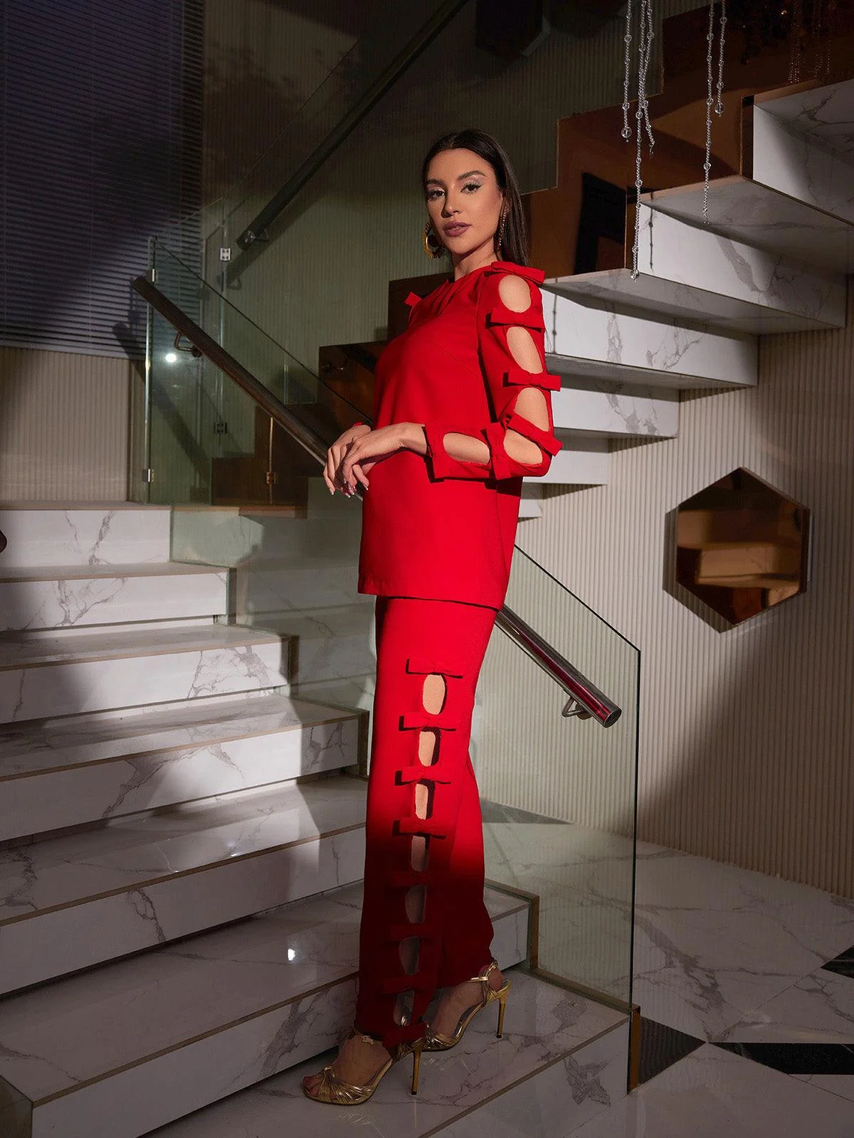 Red Bow Long Sleeve Pants Set - Stylish Clearance Outfit