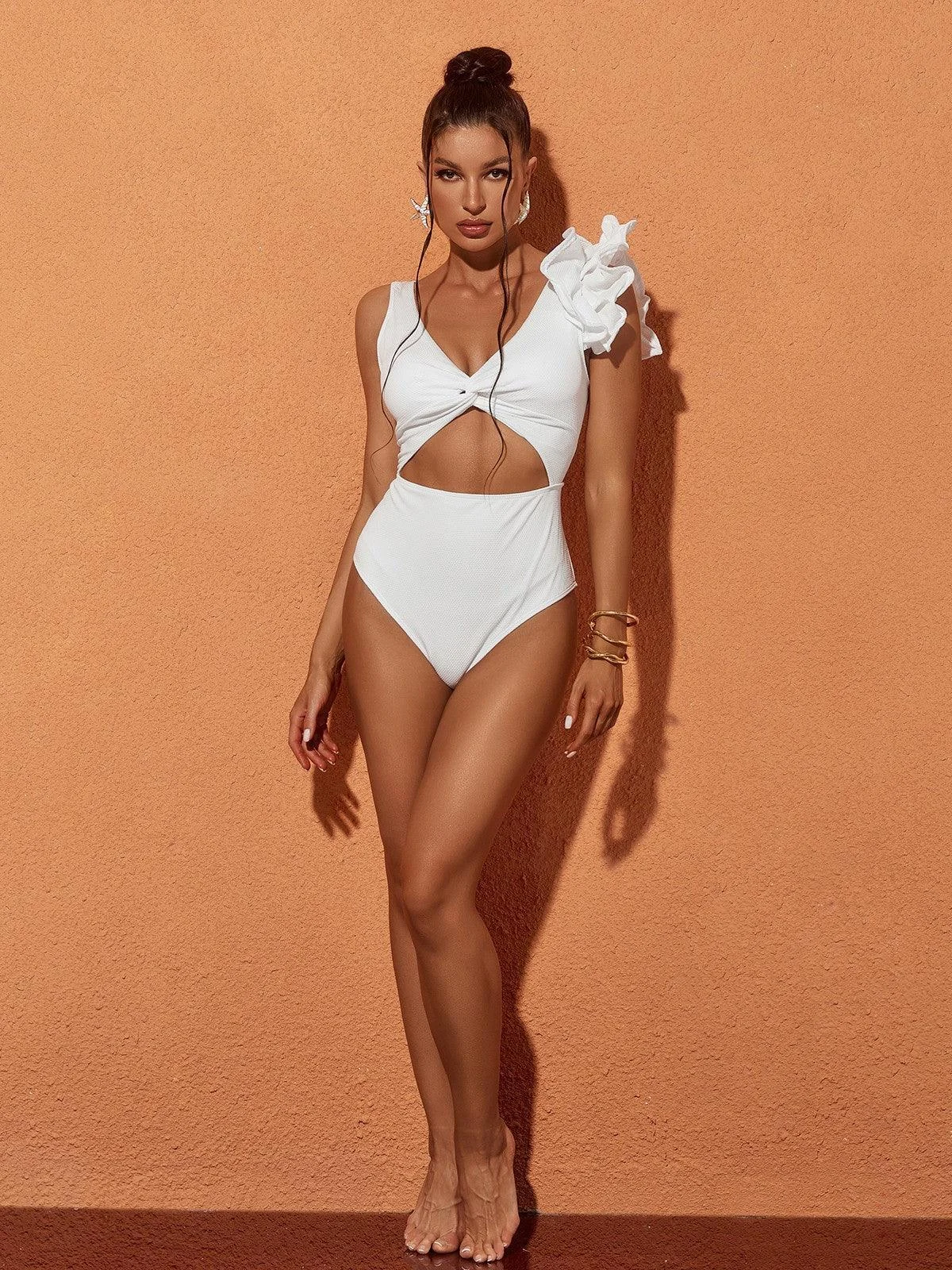 Heather Ruffle Cutout Swimsuit - Elegant Beach/Pool Statement Wear