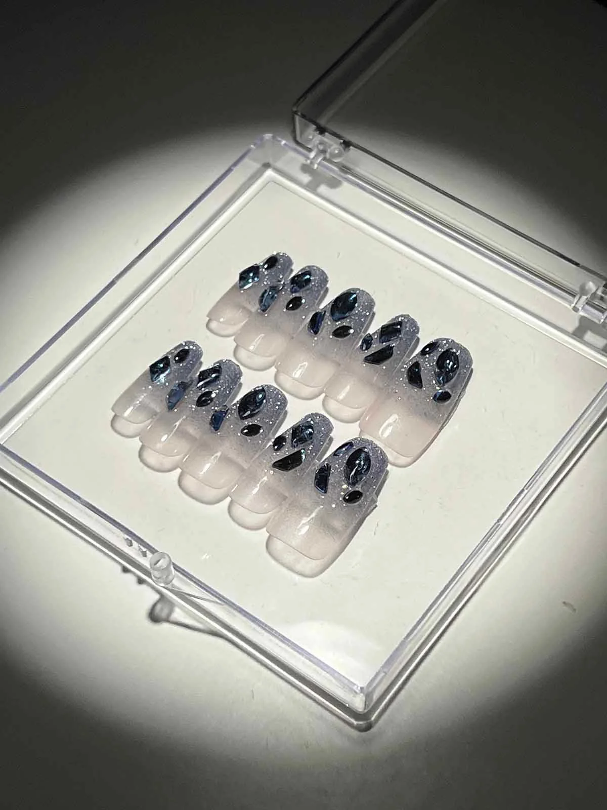 Sparkling Blue Crystal Glitter Nail Tips Set