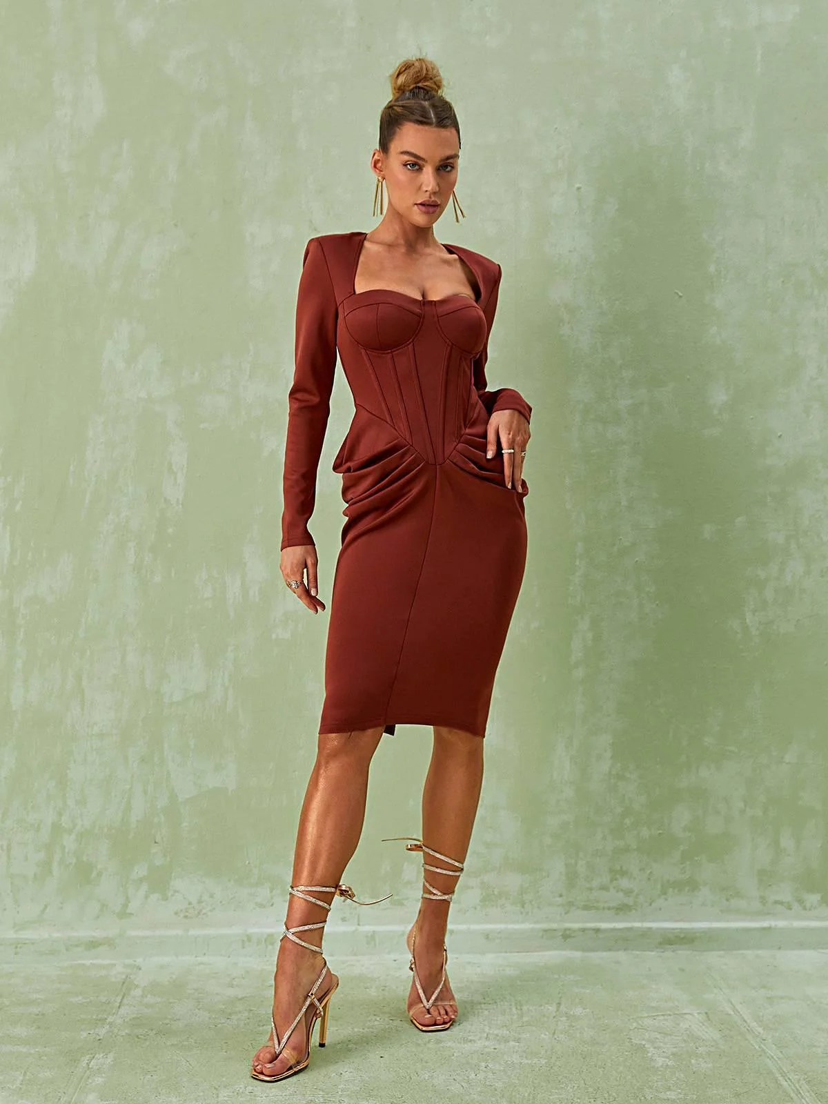 Elegant Long Sleeve Corset Midi Dress