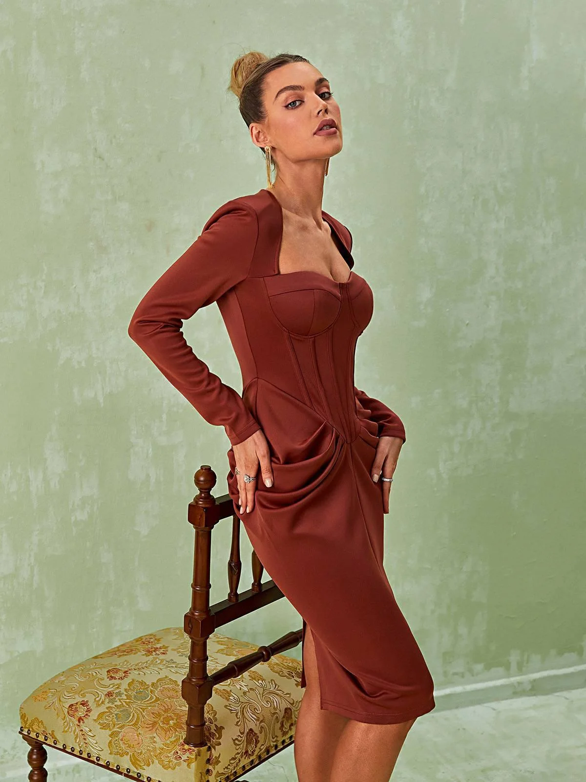 Elegant Long Sleeve Corset Midi Dress