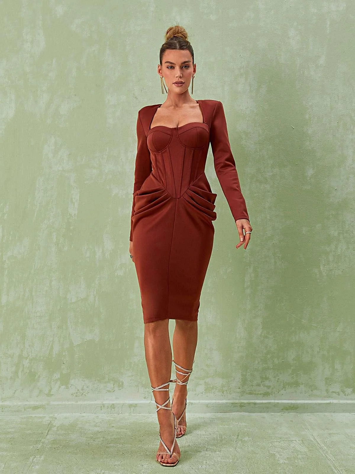 Elegant Long Sleeve Corset Midi Dress