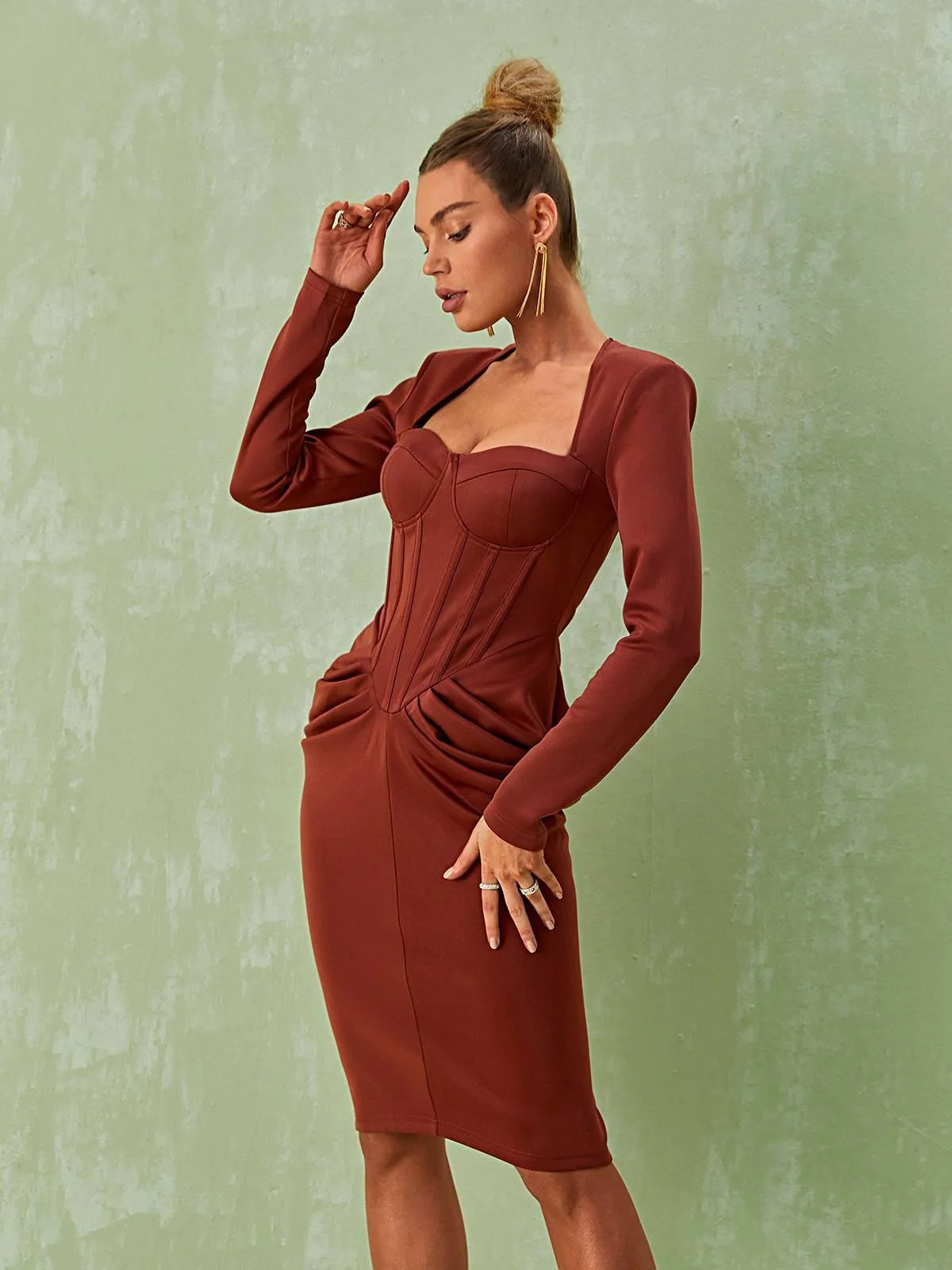 Elegant Long Sleeve Corset Midi Dress