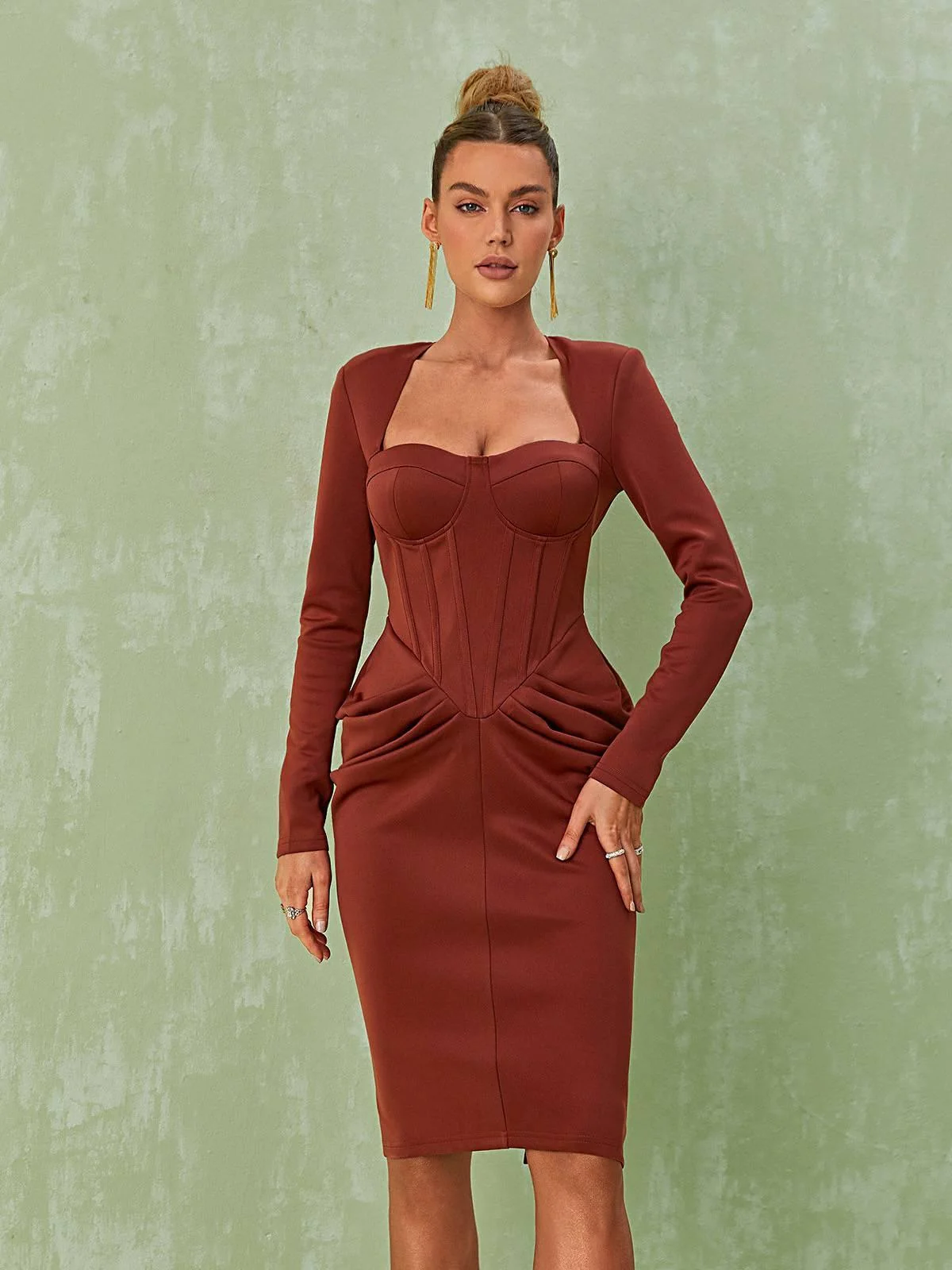 Elegant Long Sleeve Corset Midi Dress