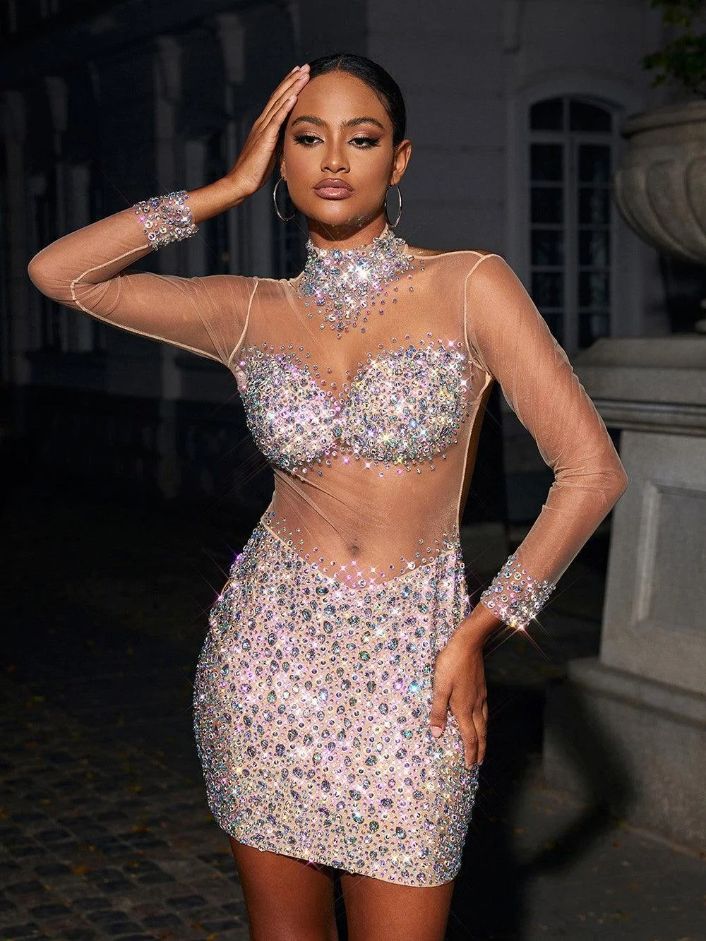 Silver Crystal Embellished Mesh Mini Dress