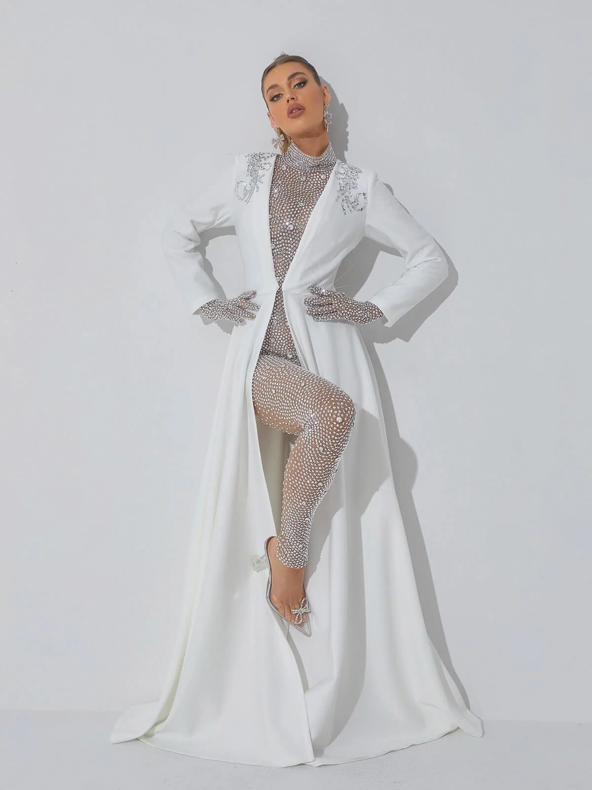 Crystal Embellished Winter Coat - Elegant Long Sleeve Design