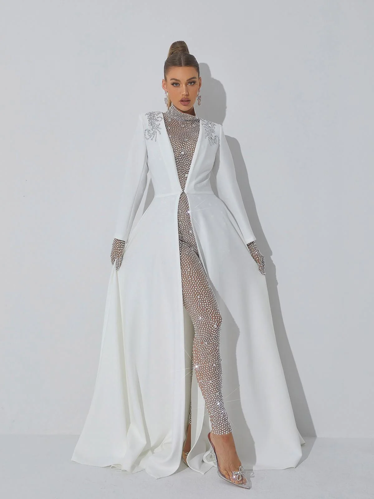 Crystal Embellished Winter Coat - Elegant Long Sleeve Design