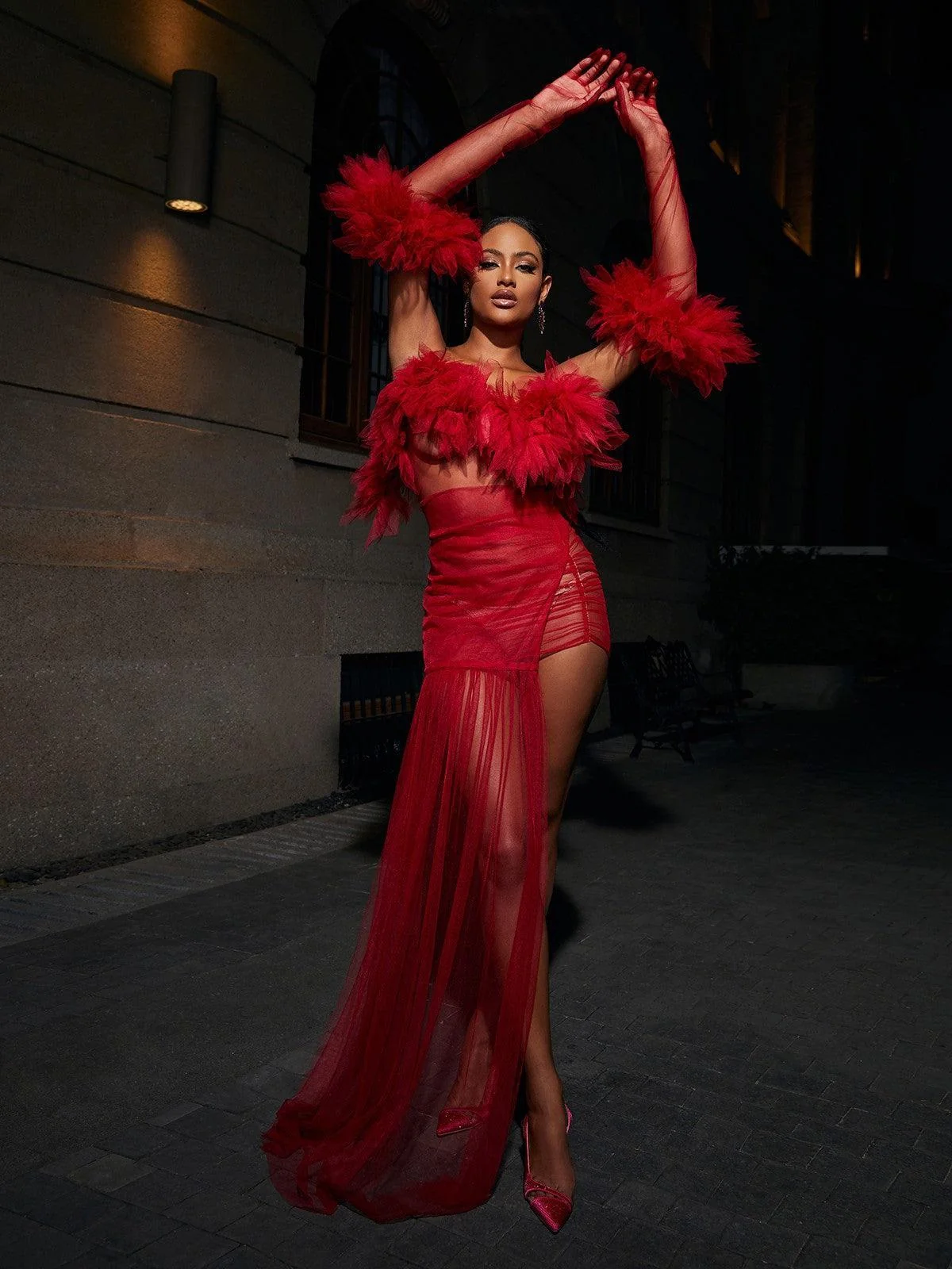 Elegant Tulle Maxi Dress with Gloves - Wedding Guest Prom Evening Gown