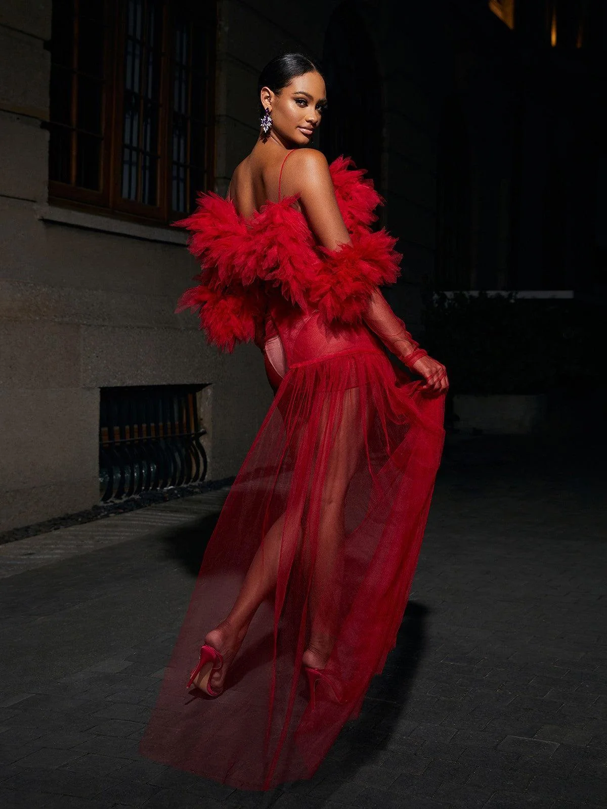 Elegant Tulle Maxi Dress with Gloves - Wedding Guest Prom Evening Gown