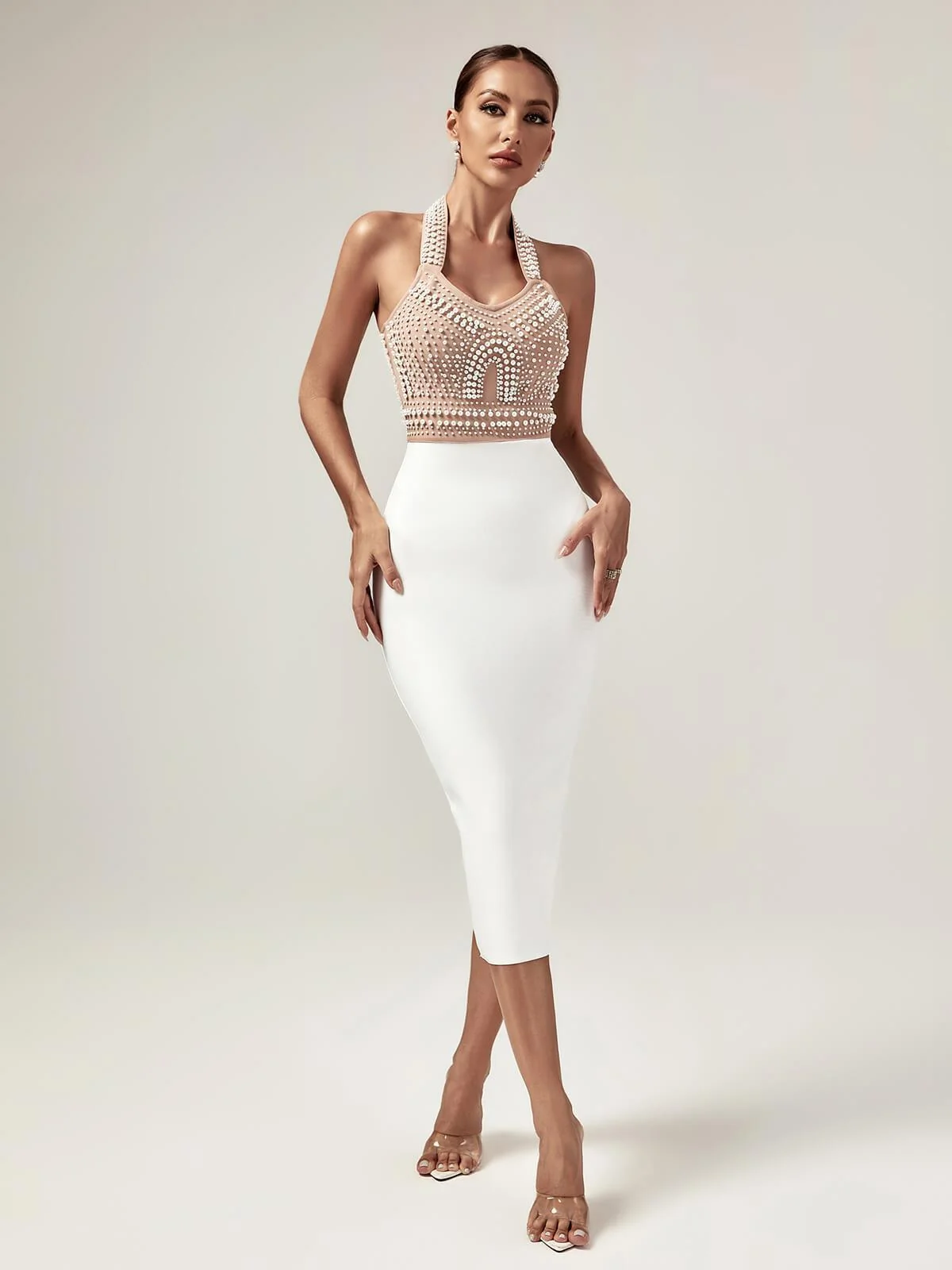 Chic Beige Bandage Dress with V-Neckline and Pearl Bodice