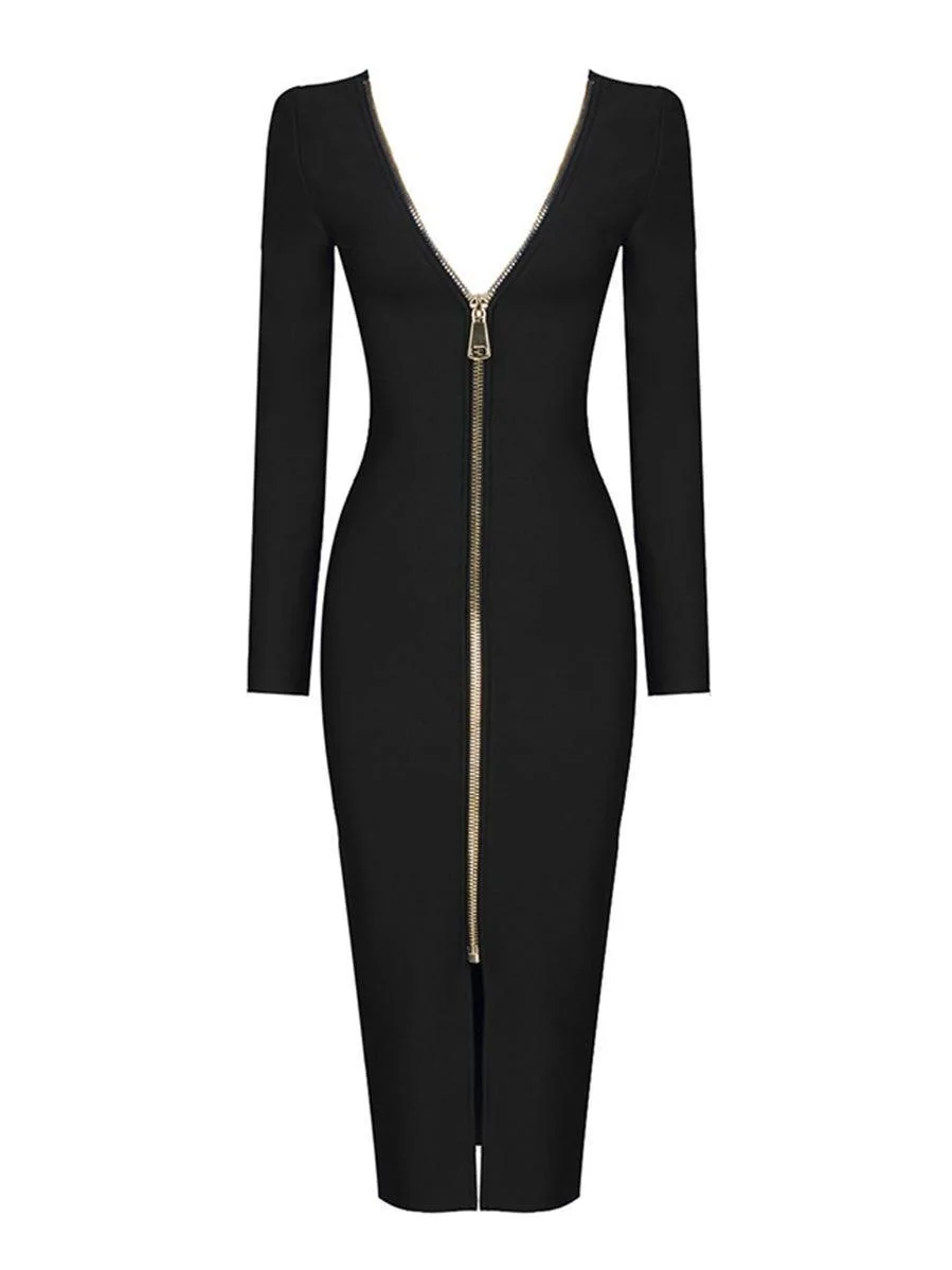 Black Bandage Midi Dress with Reversible Plunge - High Stretch Fabric
