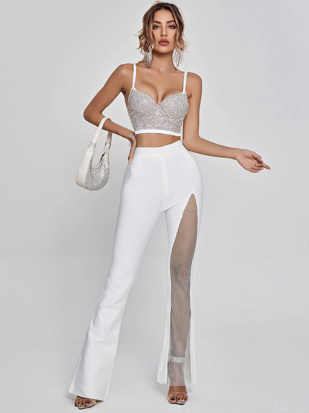 White Rhinestone Embellished Bustier Top with Adjustable Straps