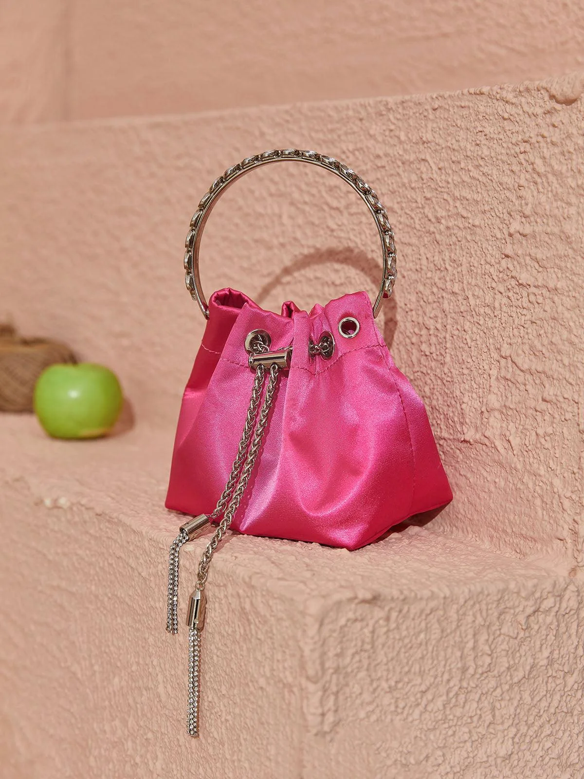Hot Pink Satin Crystal Embellished Bucket Bag