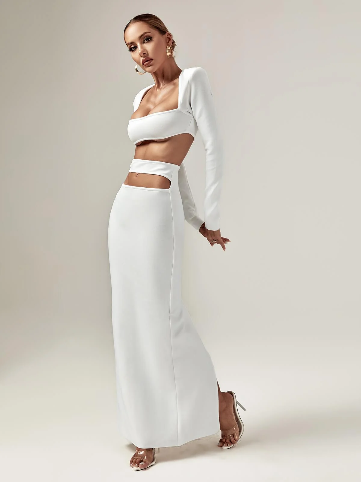 White Bandage Long Sleeve Cutout Set - High Stretch Kynlee Outfit