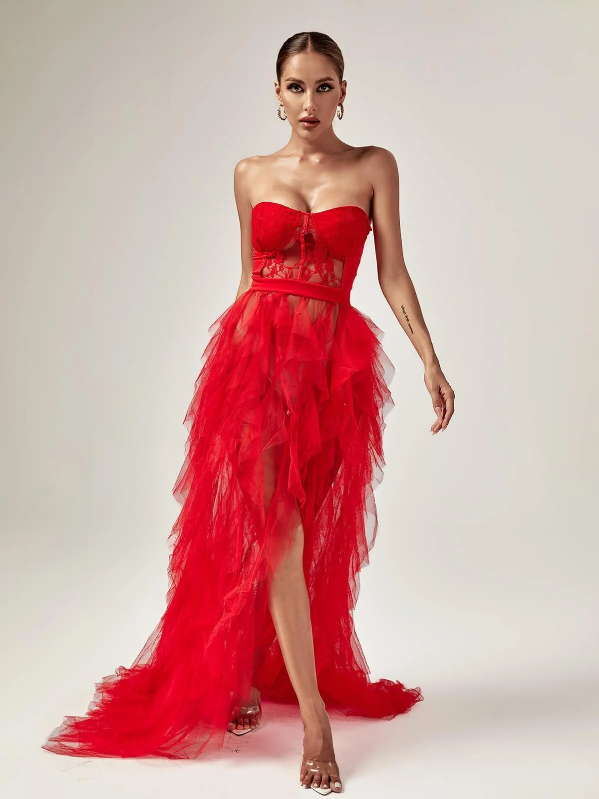 Red Tiered Tulle Prom Maxi Dress