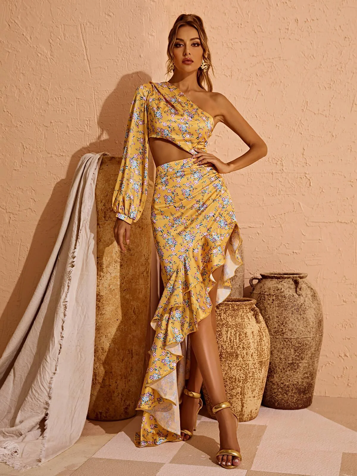 Yellow Floral One Shoulder Maxi Dress - Elegant Fall Outfit