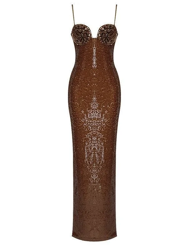 Brown Sequin Maxi Dress for Special Events