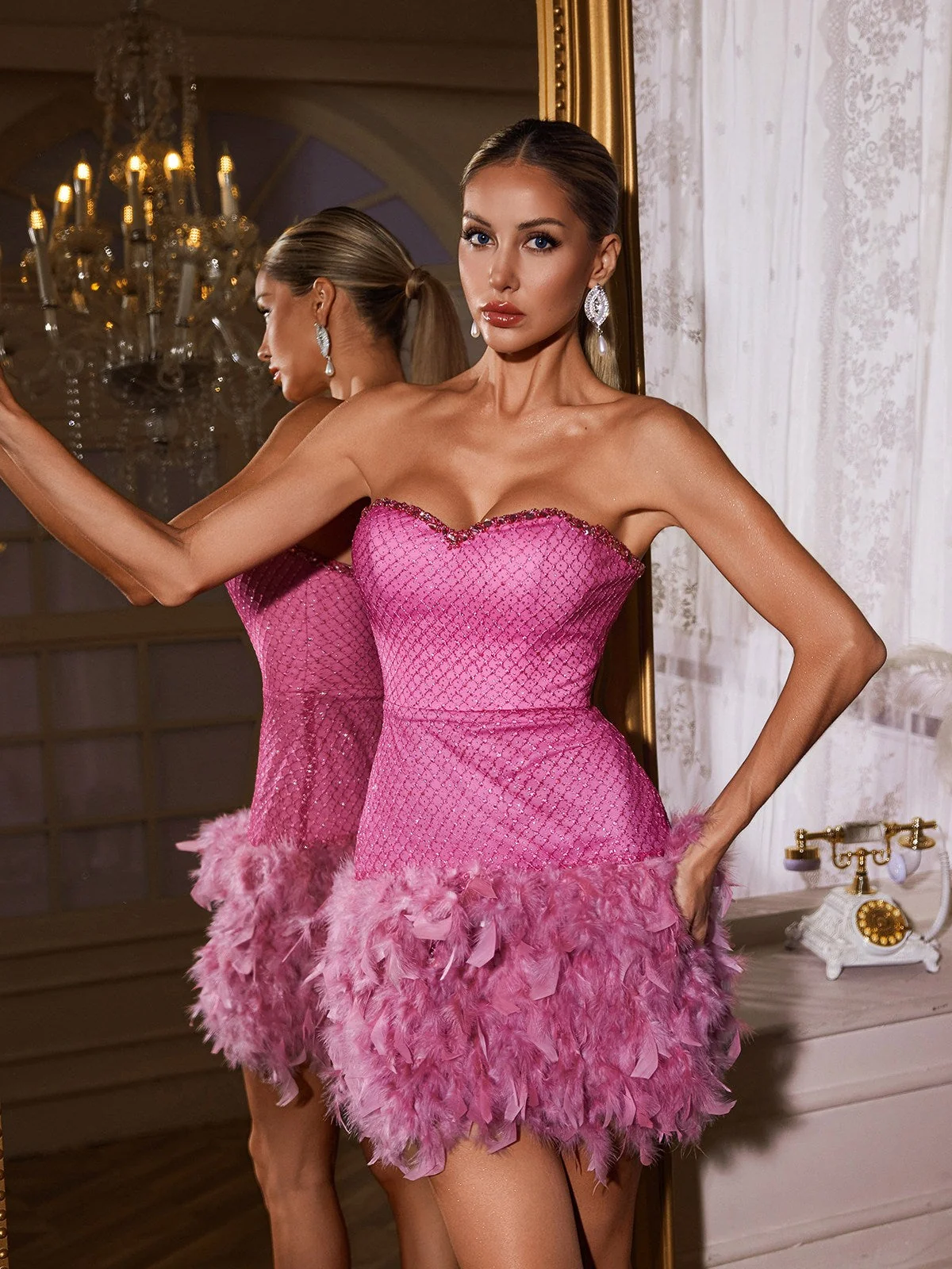 Sparkling Rhinestone Feather Mini Dress - Elegant Strapless Design