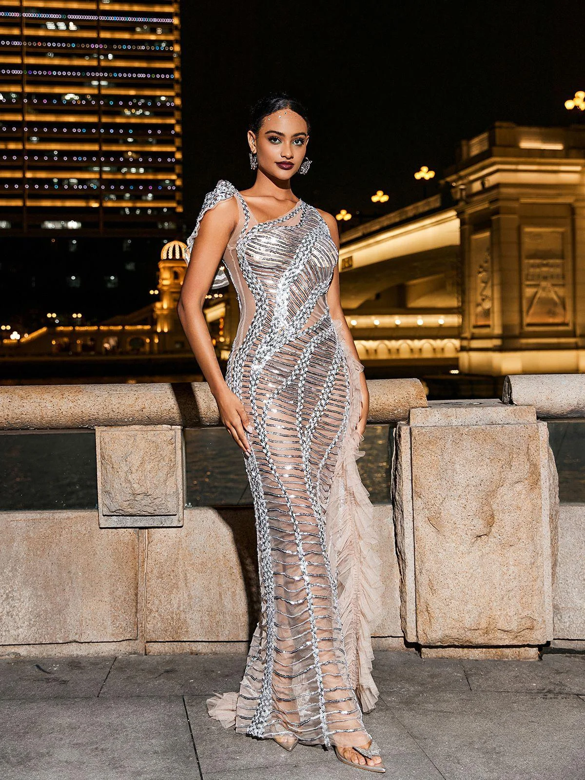Silver Sequin Mesh Draped Cutout Dress - Elegant Special Occasion Attire