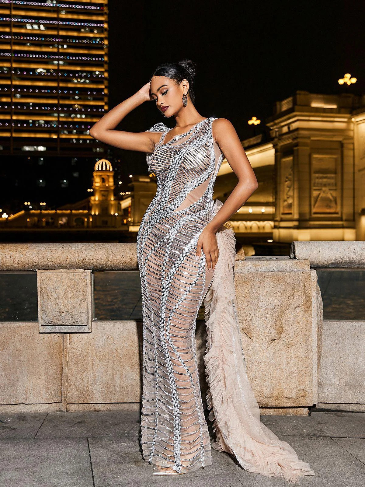 Silver Sequin Mesh Draped Cutout Dress - Elegant Special Occasion Attire
