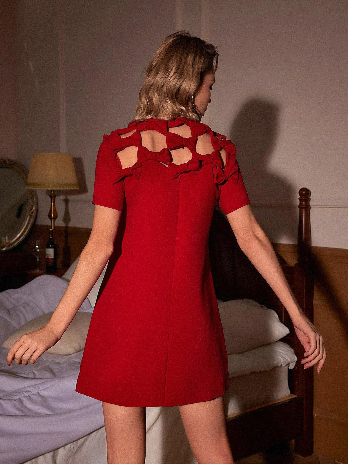 Elegant Hollow Bow Red Mini Dress for Women