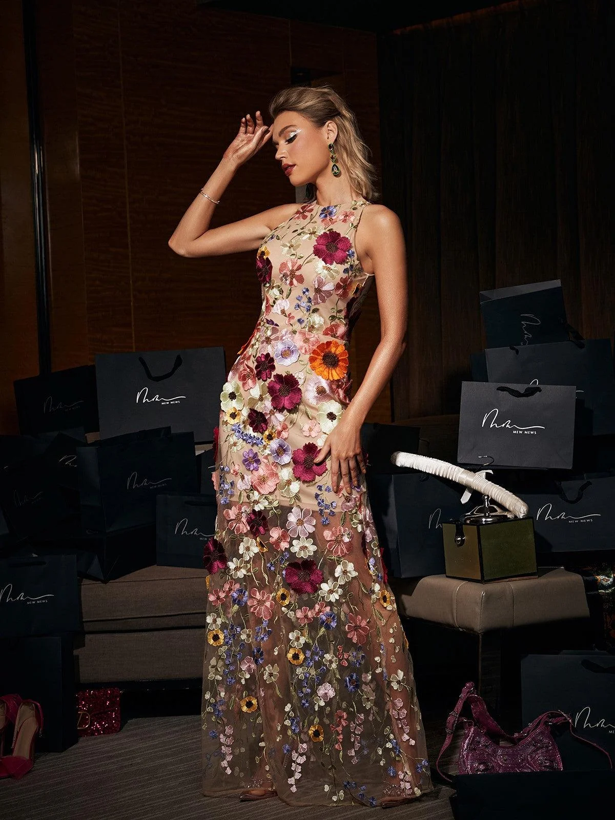 Blush Mesh Flower Maxi Dress - Elegant Sleeveless Style