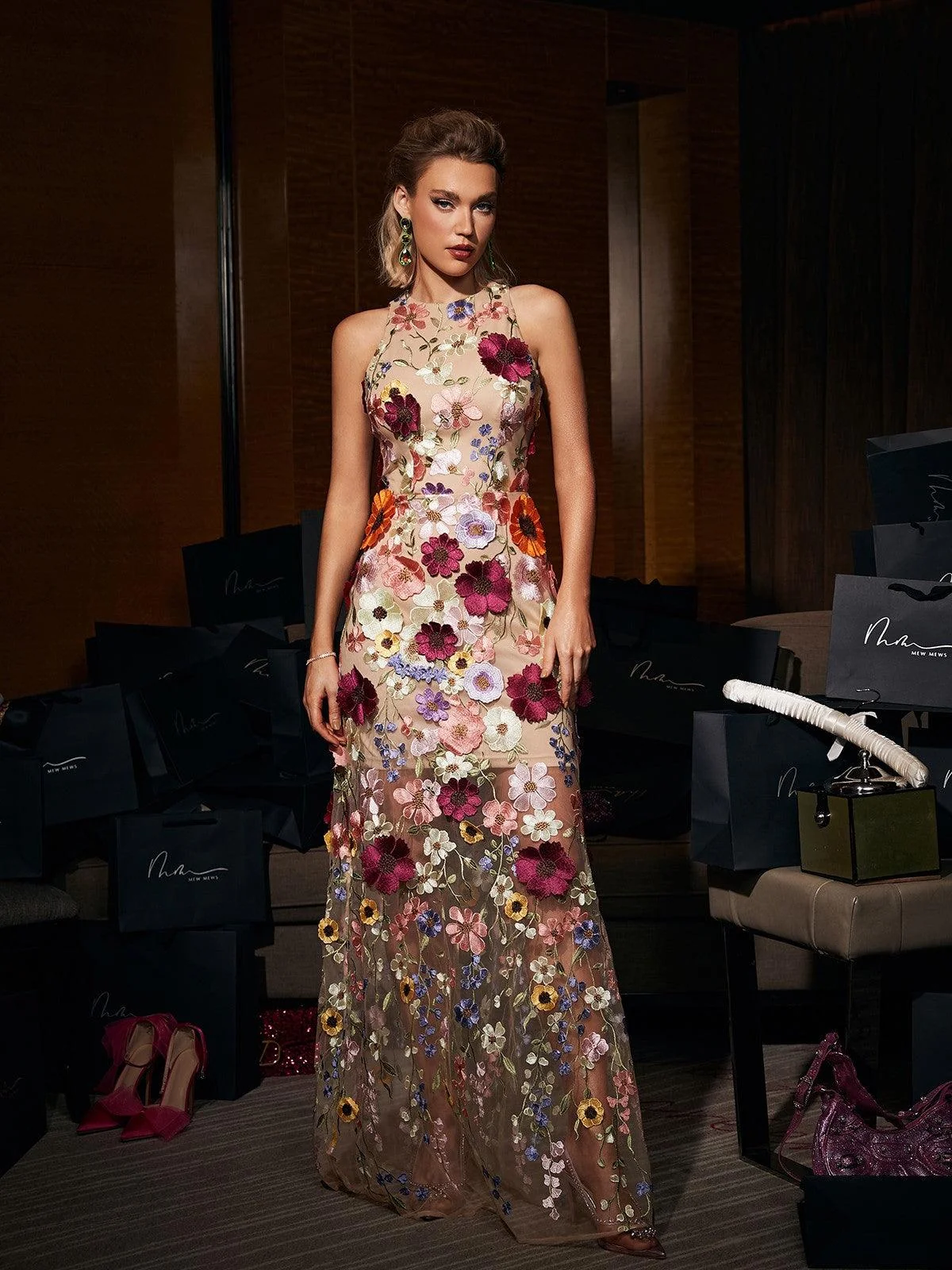 Blush Mesh Flower Maxi Dress - Elegant Sleeveless Style