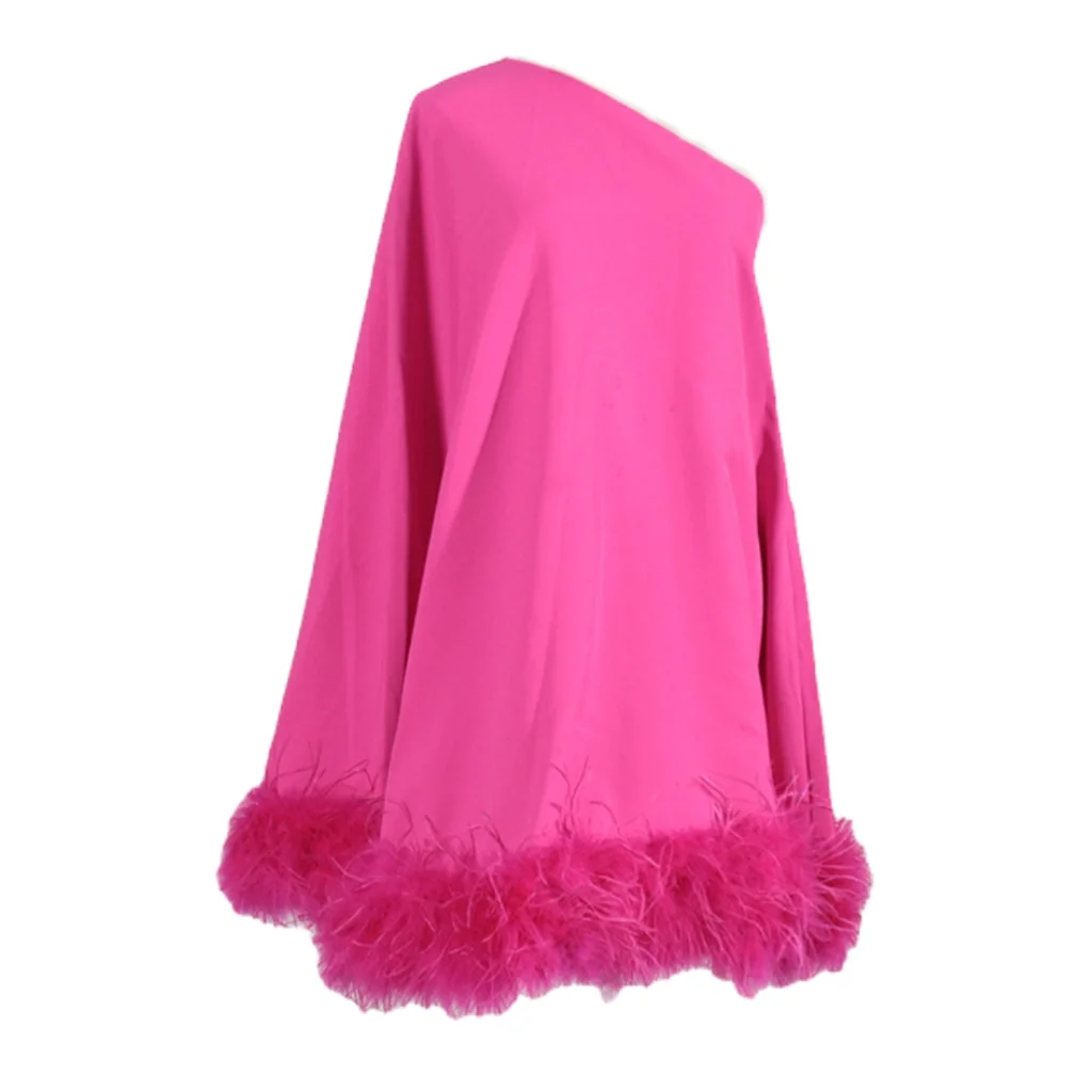 Hot Pink One Shoulder Feather Mini Dress