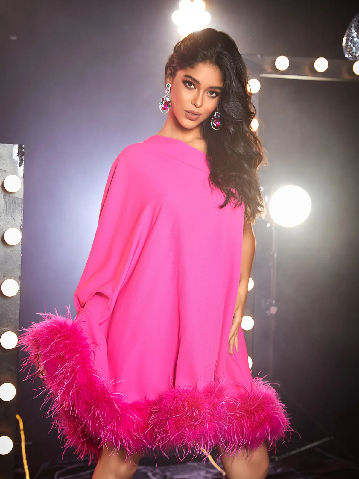 Hot Pink One Shoulder Feather Mini Dress
