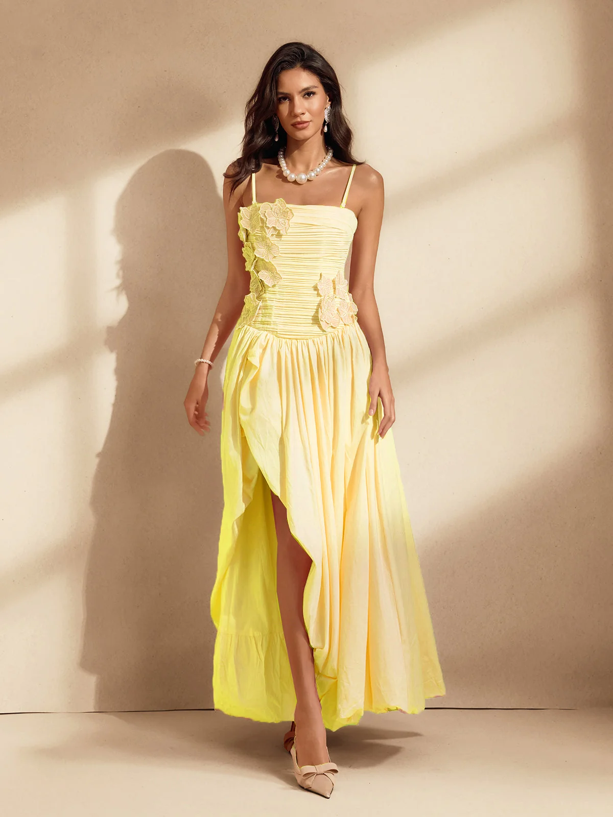 Yellow Floral Spaghetti Strap Maxi Dress