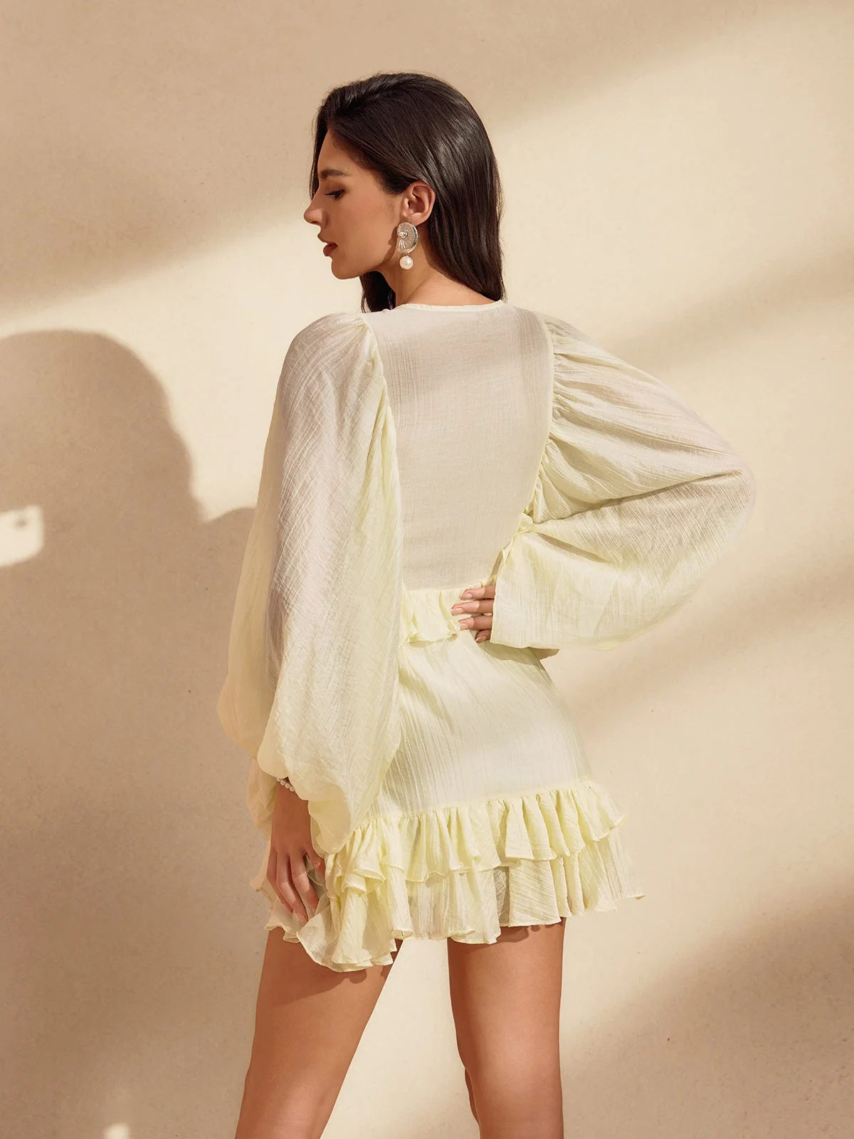 Apricot Ruffle Balloon Sleeve Mini Dress - Elegant & Flattering