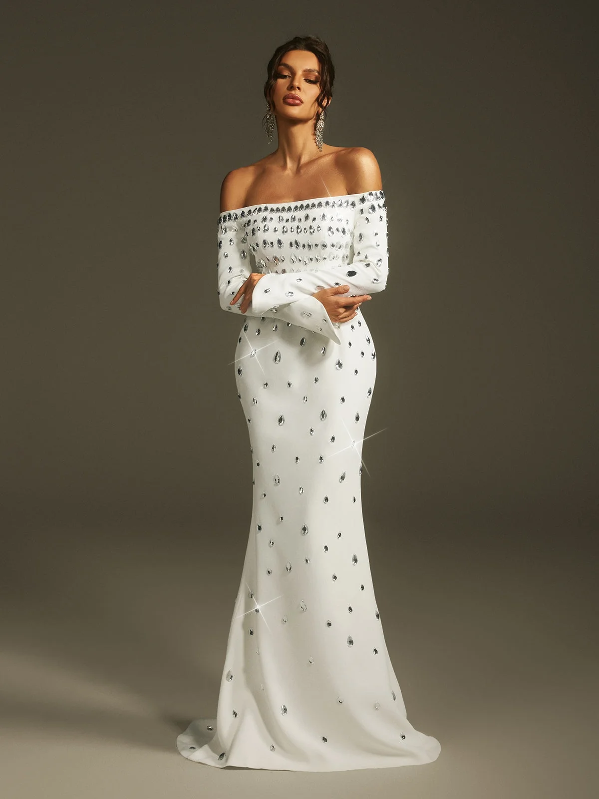 White Crystal Embellished Off Shoulder Maxi Dress