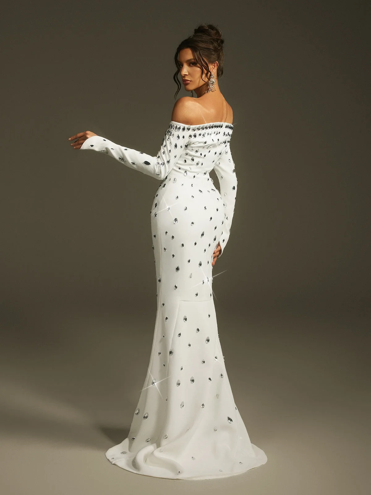 White Crystal Embellished Off Shoulder Maxi Dress