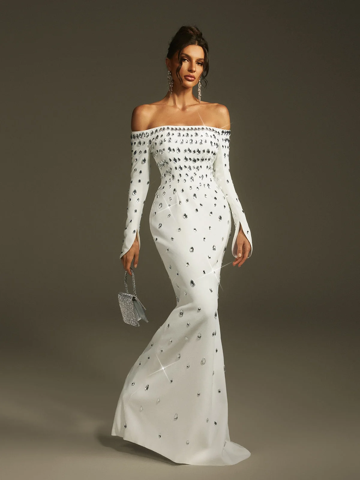 White Crystal Embellished Off Shoulder Maxi Dress