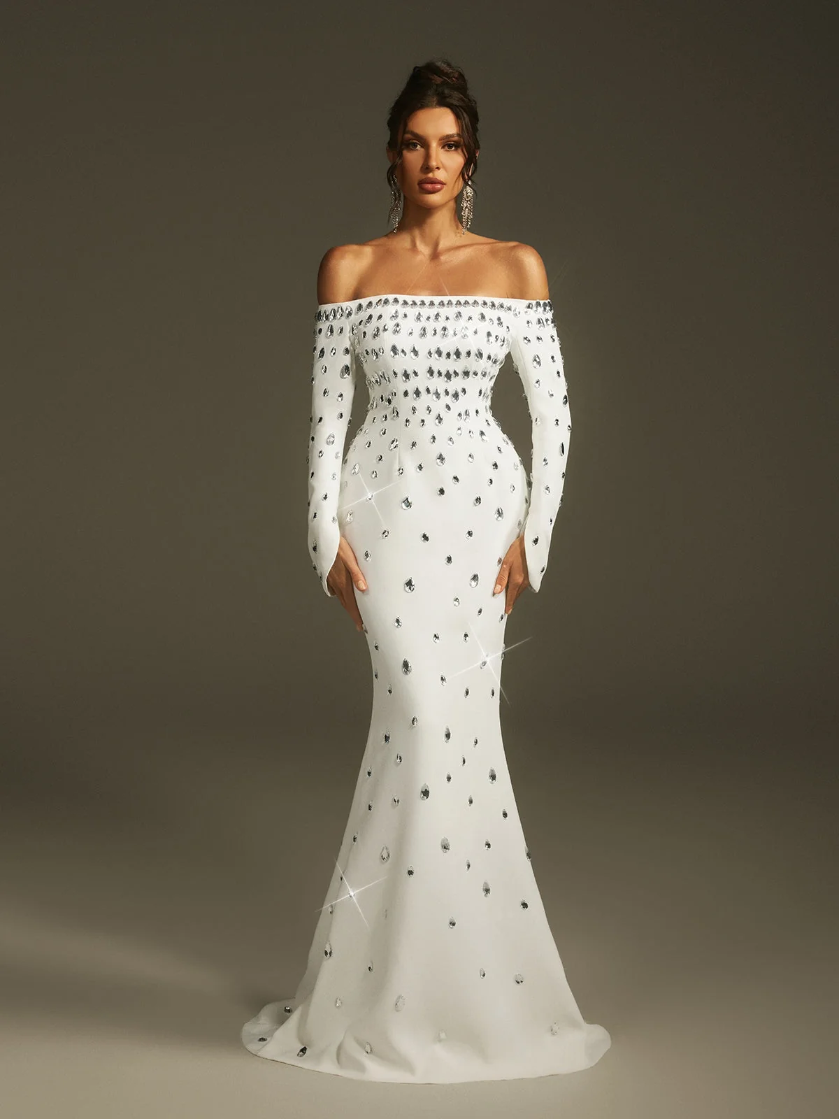 White Crystal Embellished Off Shoulder Maxi Dress