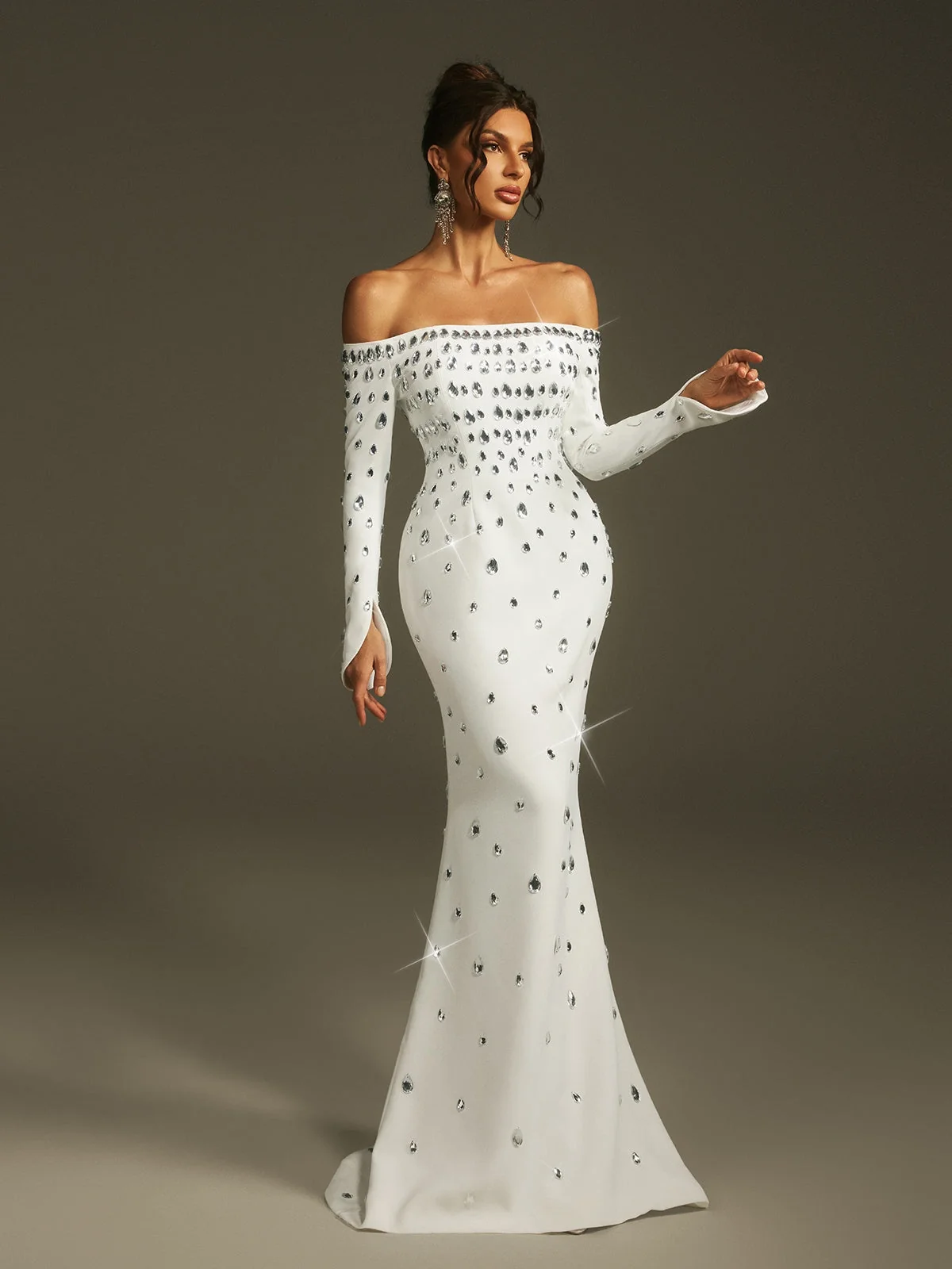 White Crystal Embellished Off Shoulder Maxi Dress