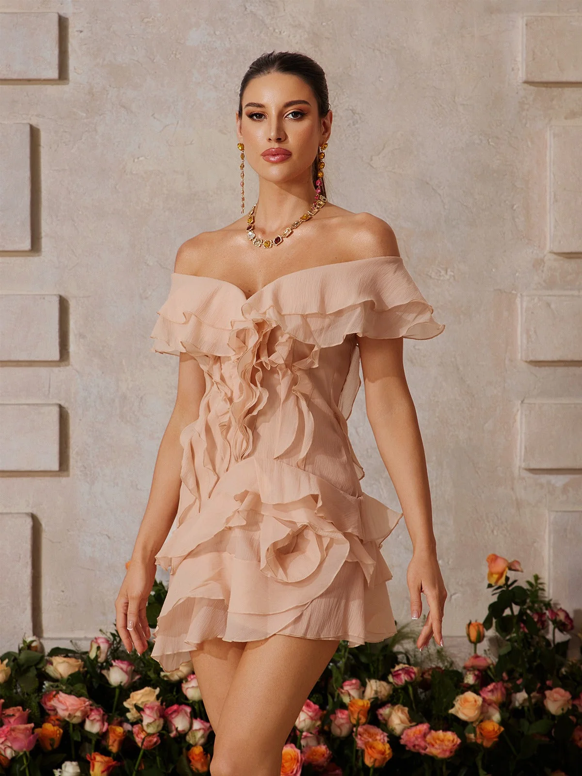Champagne V Neck Ruffle Mini Dress - Romantic & Feminine Style
