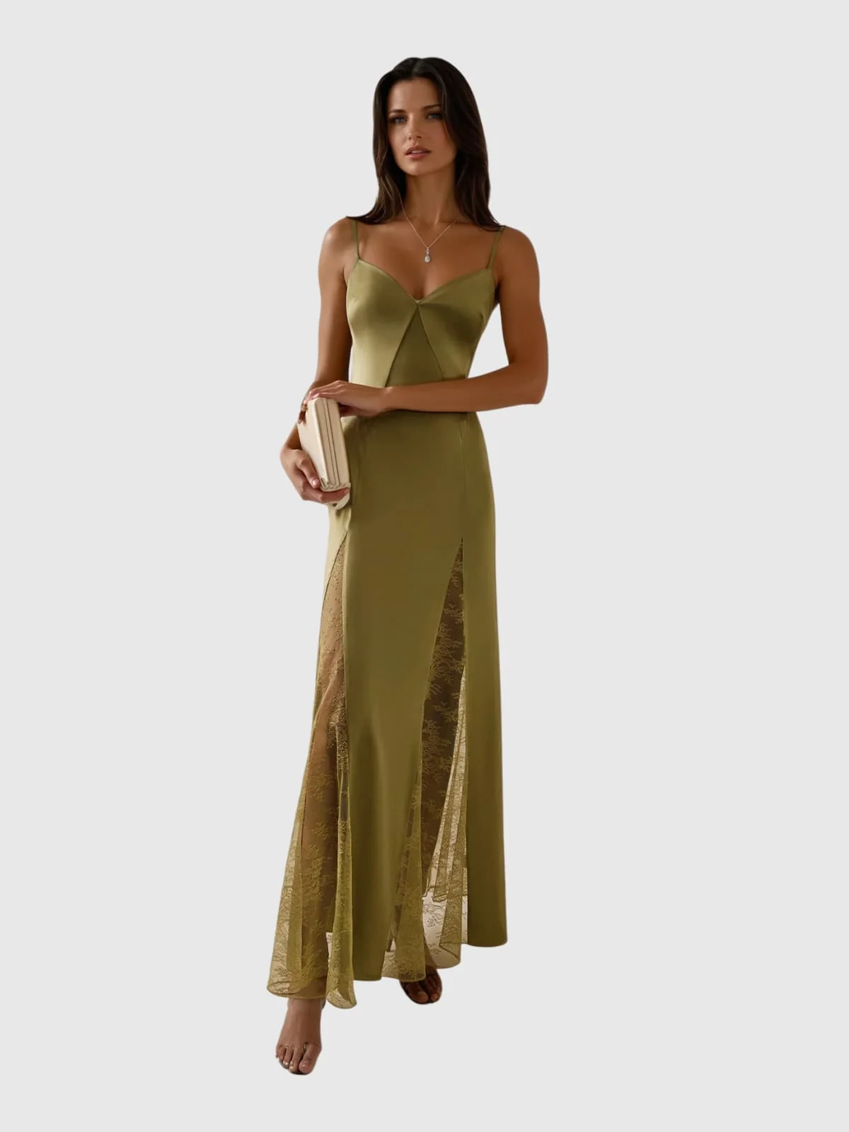 Elegant Spaghetti Lace Satin Maxi Dress - Graceful Formal Attire