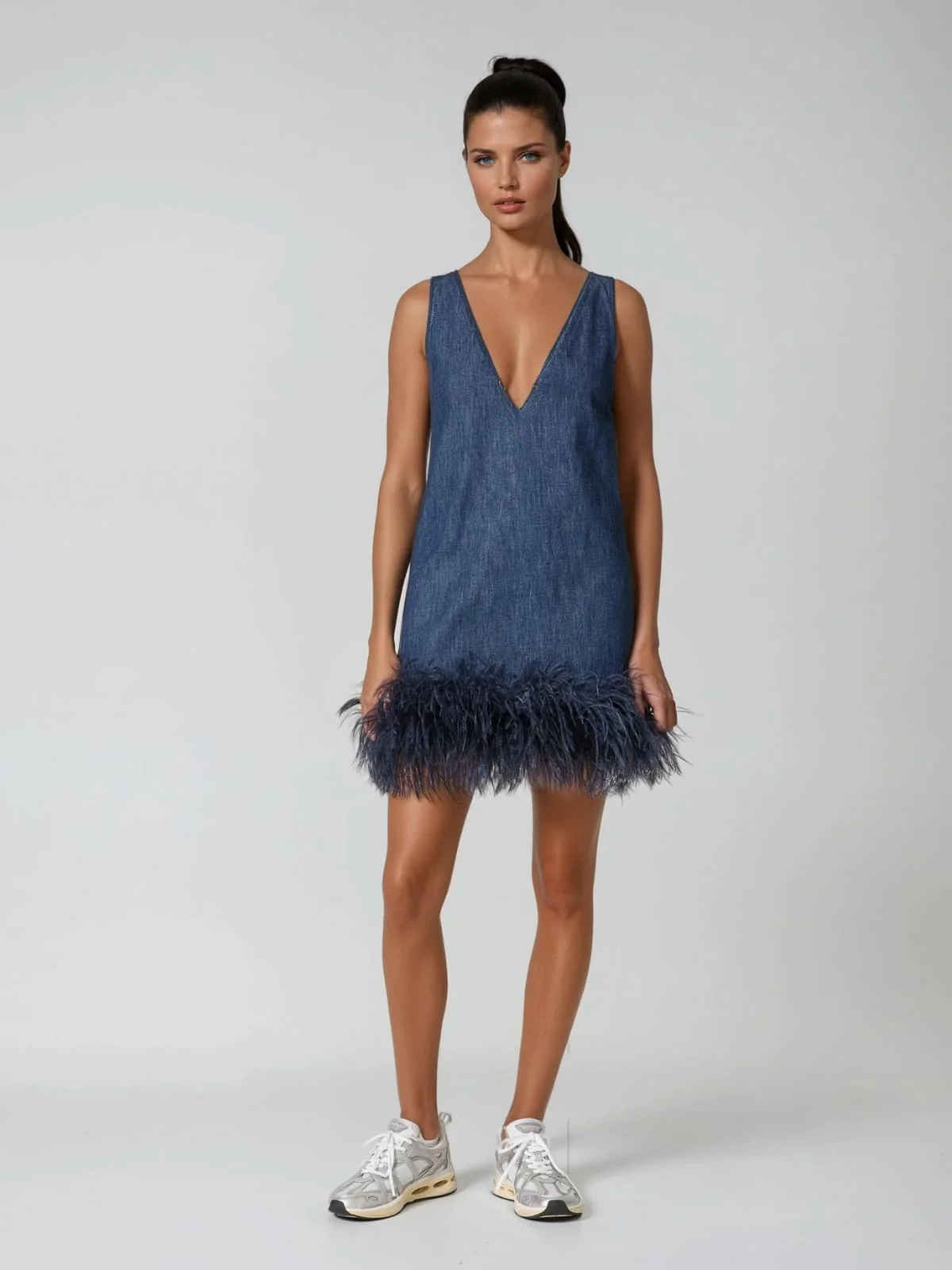 Feather Denim V-Neck Mini Dress - Bold Fashion Statement
