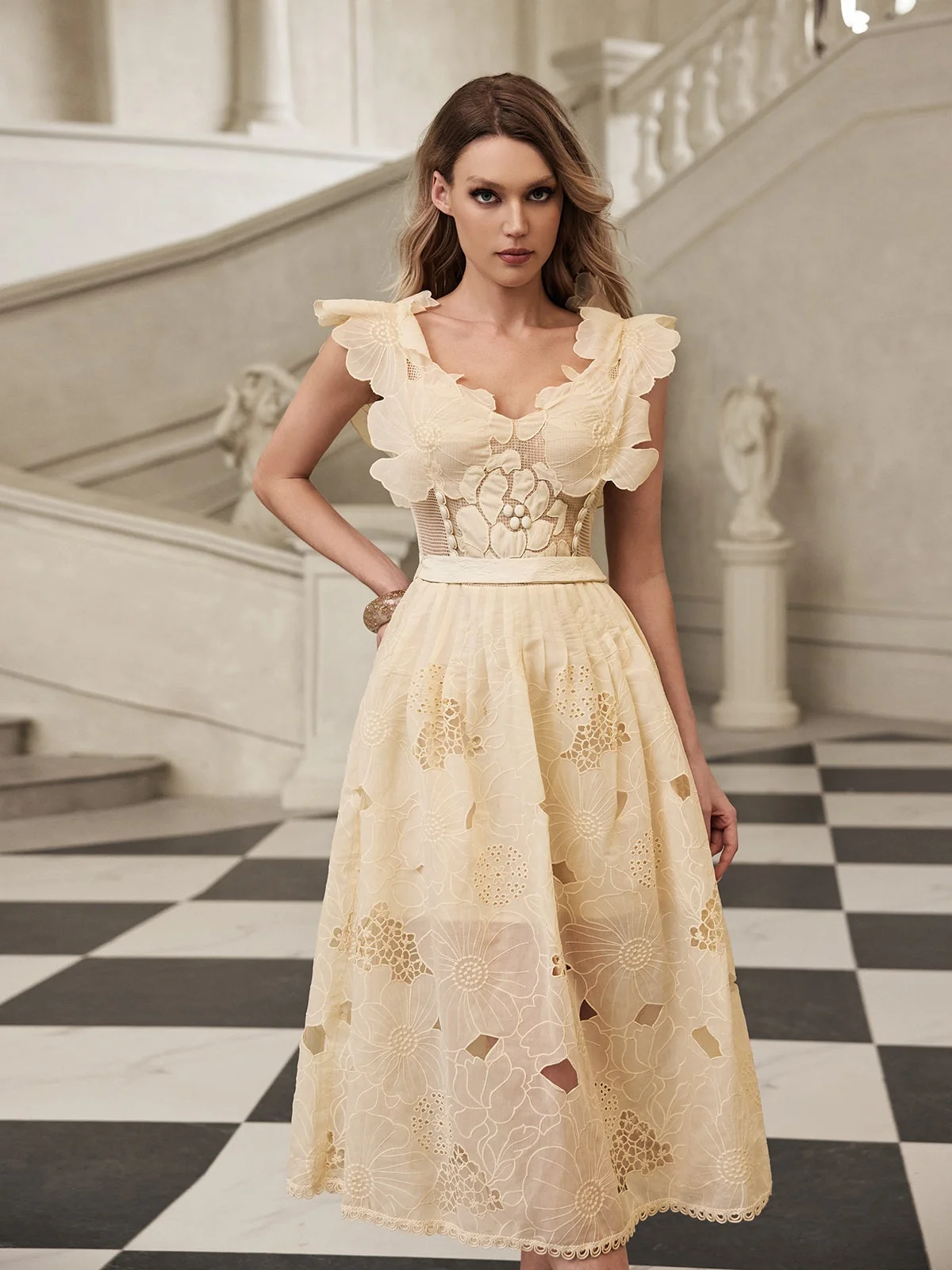 Floral Cutout Midi Dress - Elegant Sleeveless Womens Dress