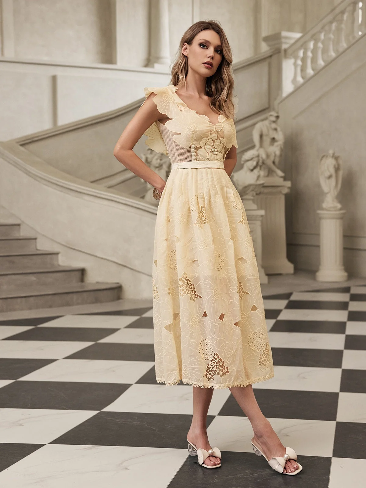 Floral Cutout Midi Dress - Elegant Sleeveless Womens Dress