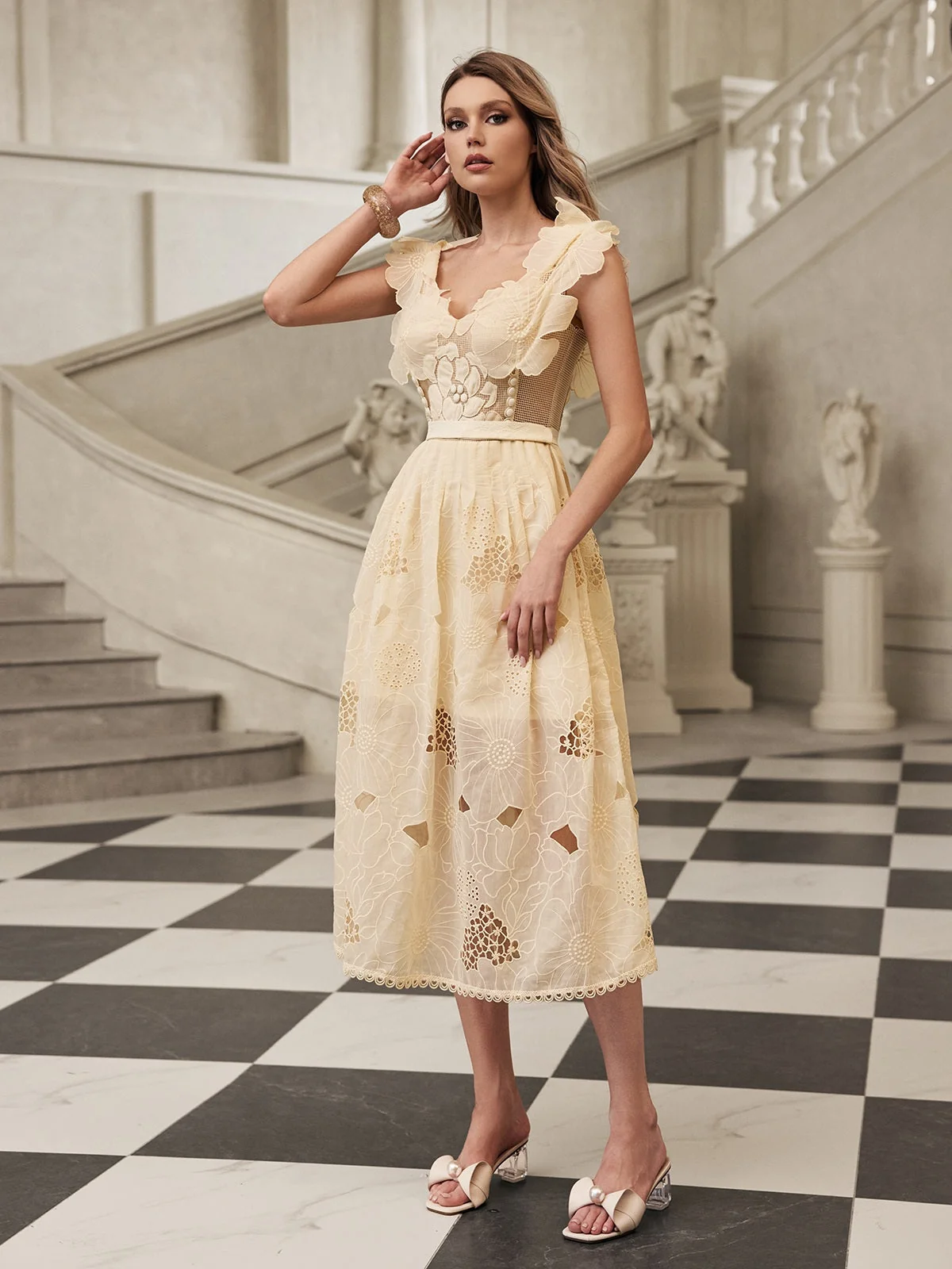 Floral Cutout Midi Dress - Elegant Sleeveless Womens Dress