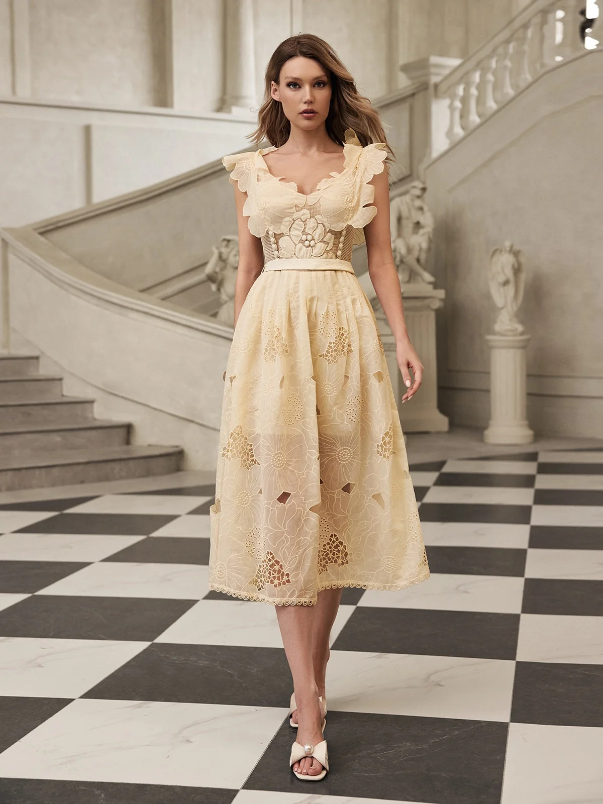 Floral Cutout Midi Dress - Elegant Sleeveless Womens Dress