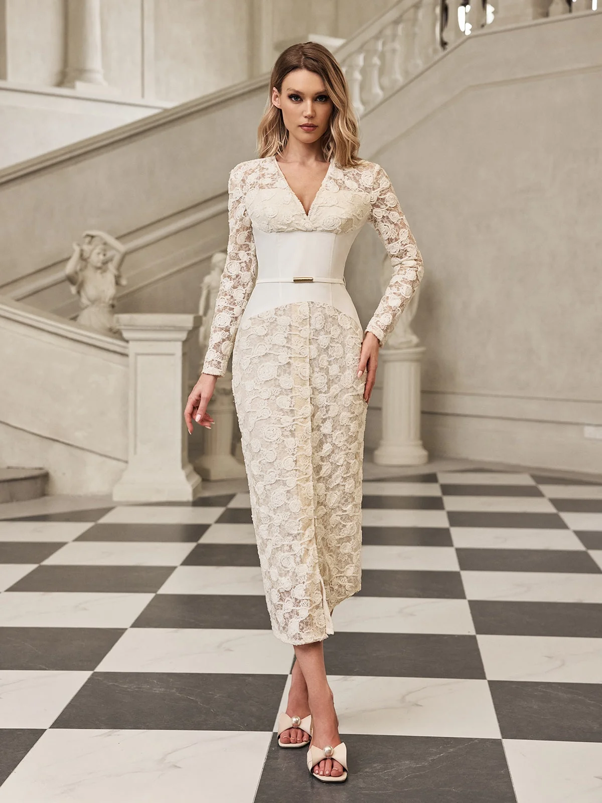 White Lace V Neck Midi Dress - Elegant Cocktail Tea Dress