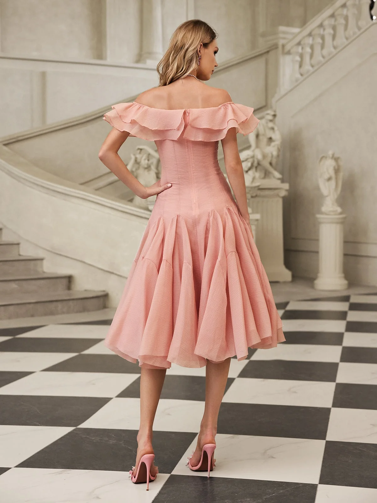 Blush Off Shoulder Ruffle Midi Dress - Elegant Versatile Style