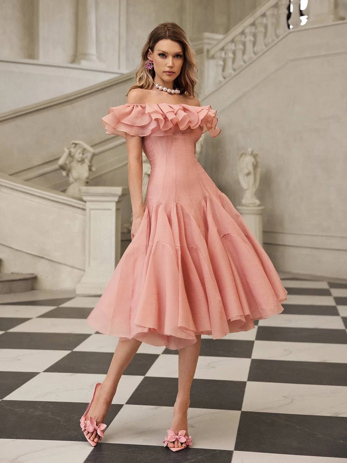Blush Off Shoulder Ruffle Midi Dress - Elegant Versatile Style