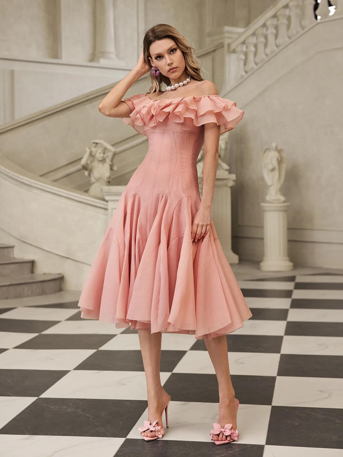 Blush Off Shoulder Ruffle Midi Dress - Elegant Versatile Style